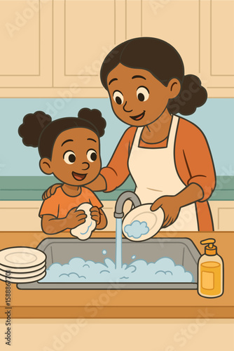 Mother and Daughter Dishwashing Together