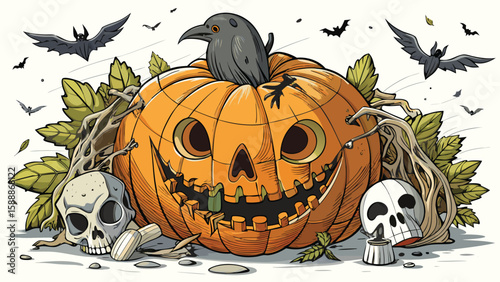 Halloween scene with pumpkin, skulls, bats, leaves, and a crow perched on top of the pumpkin carving