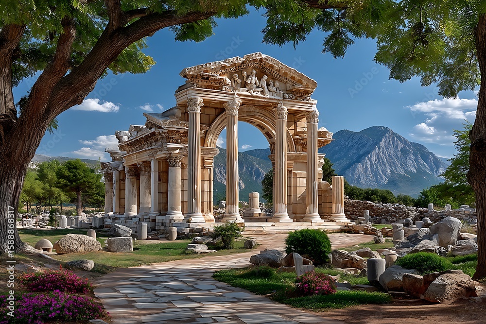 Fototapeta premium Ancient roman temple under mountain view high resolution picture