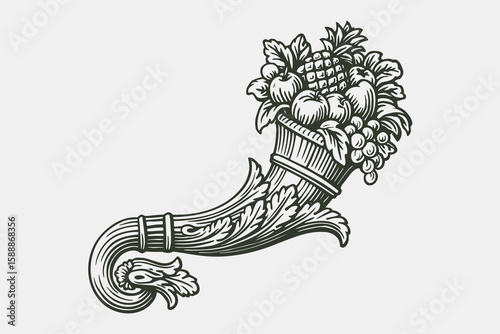 Cornucopia horn of plenty engraving style vector illustration