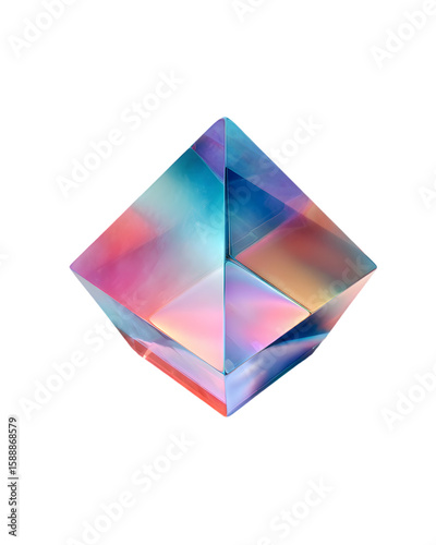 A vibrant diamond-shaped geometric object shimmers with iridescent colors, showcasing a contemporary design against a stark black background.