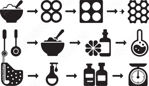 Silhouette grid of lab tools and crafting ingredients including lye bottles, bowls, beakers, thermometers, molds, and scales for DIY or science visuals
