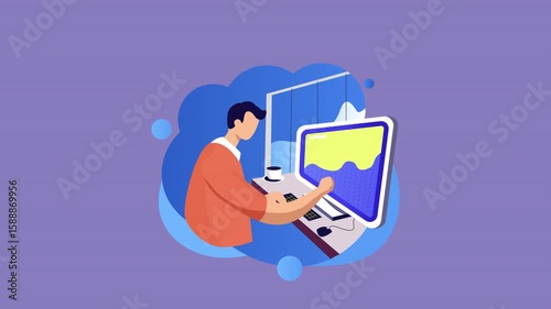 Young Man Coding and Debugging on Laptop is a flat character explainer scene perfect for startup videos, business presentations, or UI/UX concept animations.