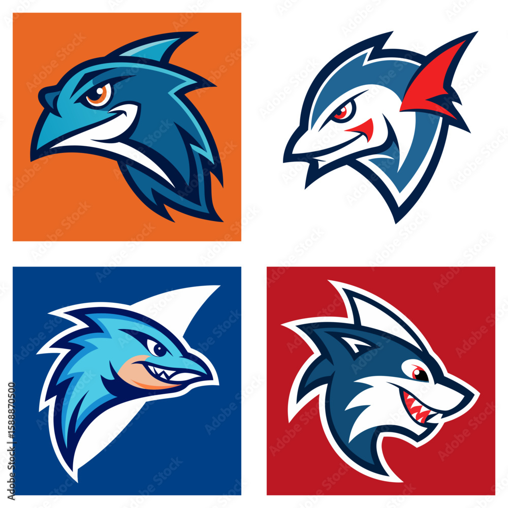 Naklejka premium Collection of four stylized shark and wolf head logos with distinct color schemes and aggressive expressions