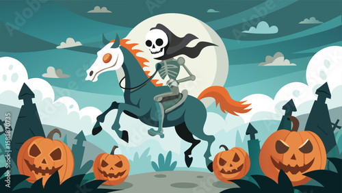 A skeleton rider on a horse with pumpkins and tombstones under a full moon in a halloween scene