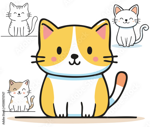 Whimsical Kitty Companions: Delightful cartoon cats in a joyful illustration, each exuding unique charm and personality, ready to add a touch of fun to any project.