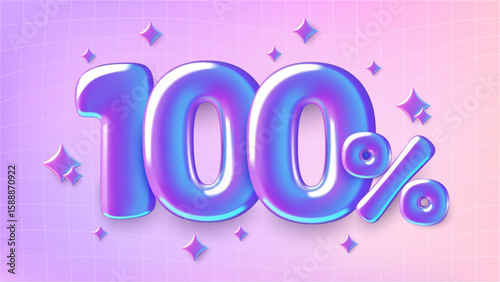 One hundred percent holographic numbers on purple gradient background. Sale banner or 100 percent bonus design. Vector illustration