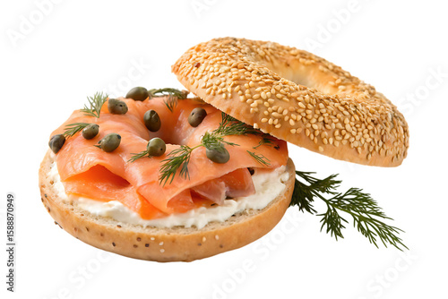 Sesame bagel with smoked salmon cream cheese capers dill image