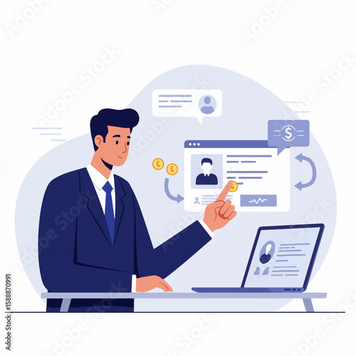 Businessman reviews a candidate profile on a computer screen