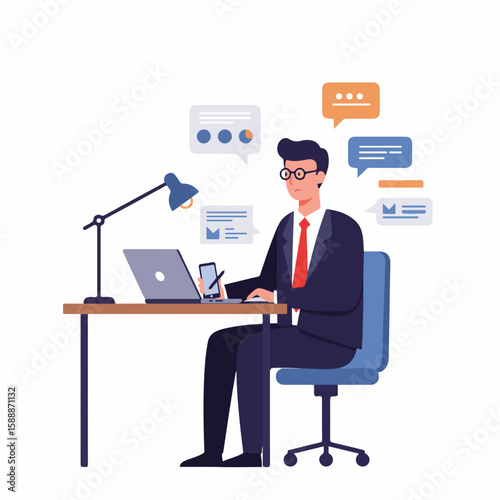 Businessman Concentrating on Work at His Desk with Communication Notifications