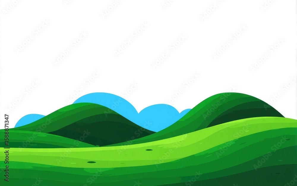 Obraz premium Simple illustration of rolling green hills with light blue clouds