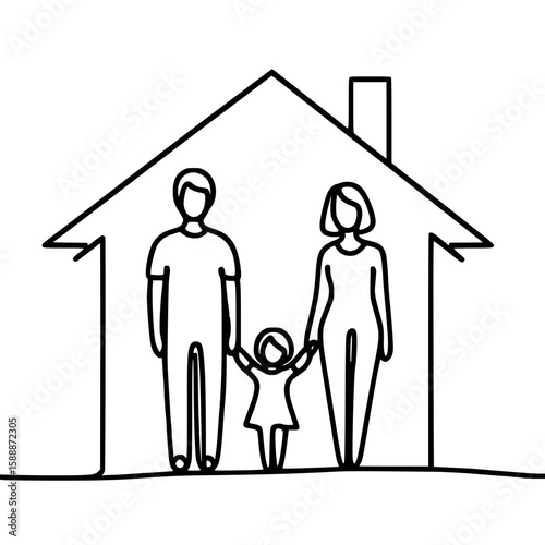 Family, father mother and daughter standing together in a house outline representing peace day  