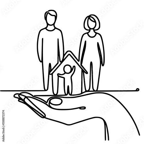 Family standing with child and house in hand, concept of peace day  