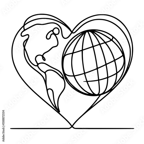 Continuous line drawing of a heart with the earth inside  