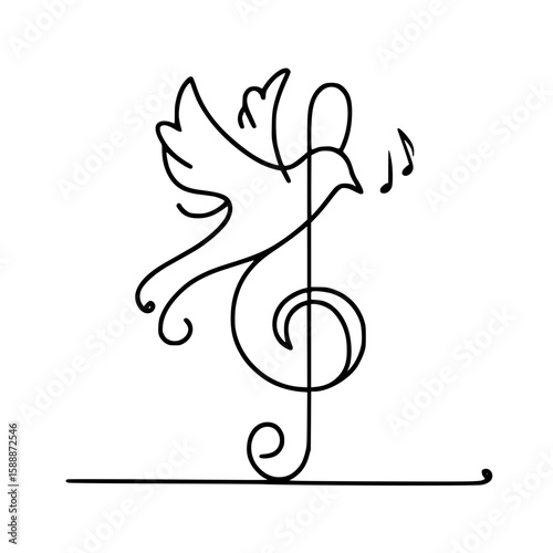 Bird perched on musical treble clef with notes in simple line art  