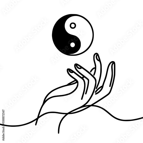 Two hands holding a yin-yang symbol in a minimalist line art style  