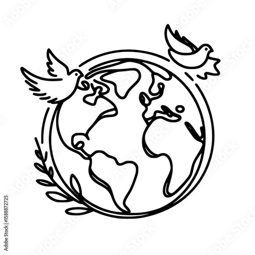 Peace doves flying around a globe with leafy accents and outline design  