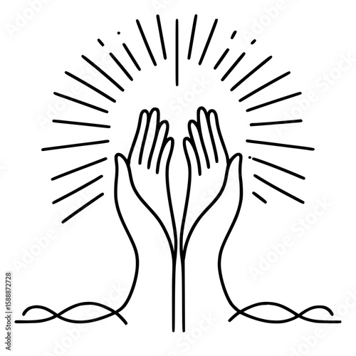 Hands reaching upwards with rays of light, concept of peace day  