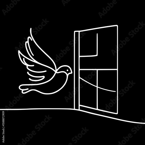 Peaceful dove flying out of an open door in single line outline design  