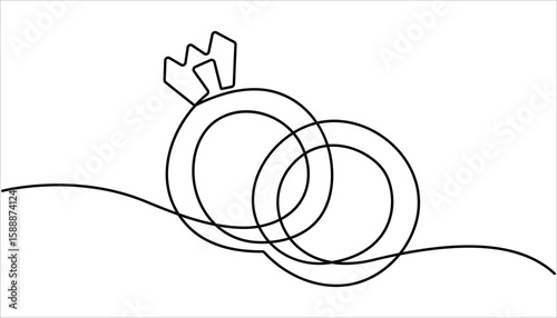 Wedding ring line art vector illustration. Wedding Ring continuous line drawing with color shapes, Wedding rings continuous one line drawing. Hand drawn proposal engagement and love marriage concept.