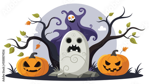 A spooky halloween scene featuring pumpkins a tombstone a ghost and bare trees under a moonlight sky