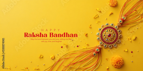 A colorful Raksha Bandhan festival greeting featuring an ornate Rakhi surrounded by petals and decorative elements on a warm yellow background, symbolizing love and bonding among siblings.