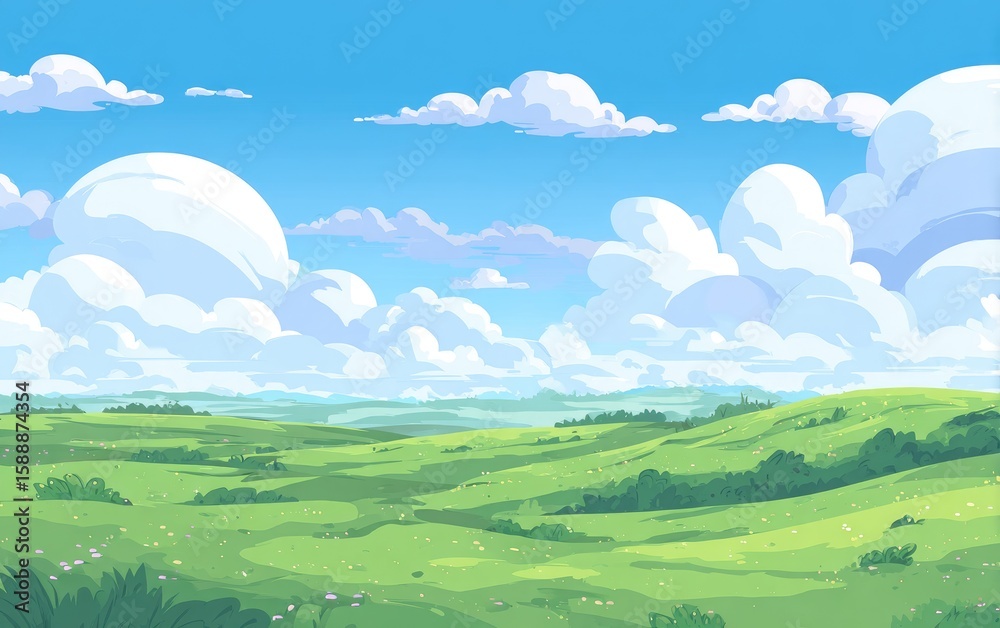Fototapeta premium Vast, grassy plains under a vibrant blue sky
