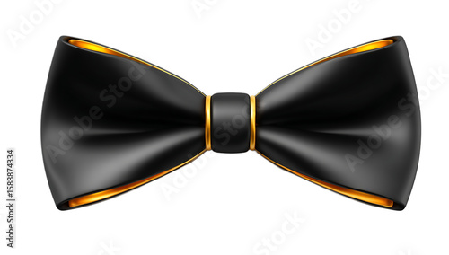 A sleek black bow tie with gold trim isolated against a solid on a transparent background