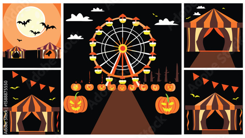 Illustration of a halloween carnival with a ferris wheel, pumpkins, tents, bats, and orange pennant banners