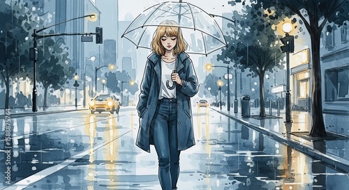 Woman walks alone in city street during a rainy day scene