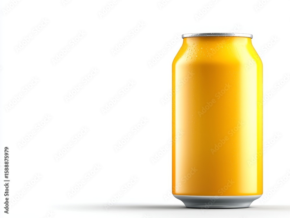 Fototapeta premium Condensation covered glossy yellow beverage can with silver top and bottomwhite surface
