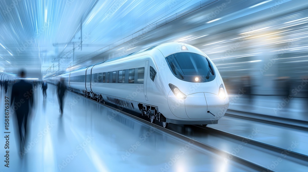 Fototapeta premium Dynamic railway hub train in motion at bustling commuter station
