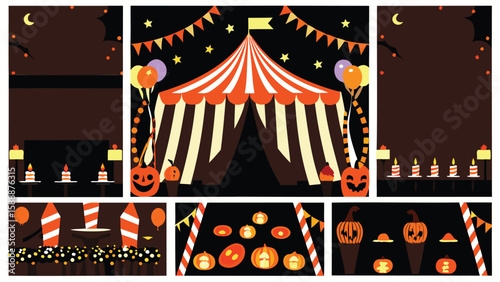 A halloween themed illustration featuring a circus tent, pumpkins, candles and other halloween elements