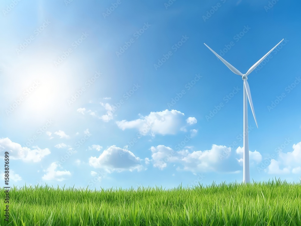 Fototapeta premium Majestic wind turbine harvesting clean energy in lush green field under bright blue sky