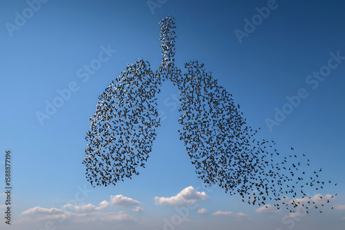 Birds form the shape of lungs against a blue sky illustrating respiratory health and freedom of flight with avian flocking.