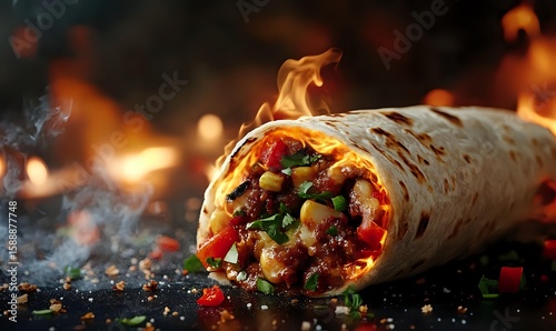 Fototapeta Naklejka Na Ścianę i Meble -  Fresh burrito with grilled meat, vegetables and spices on dark background with fire flames and smoke effects, dramatic food photography for restaurant menu.