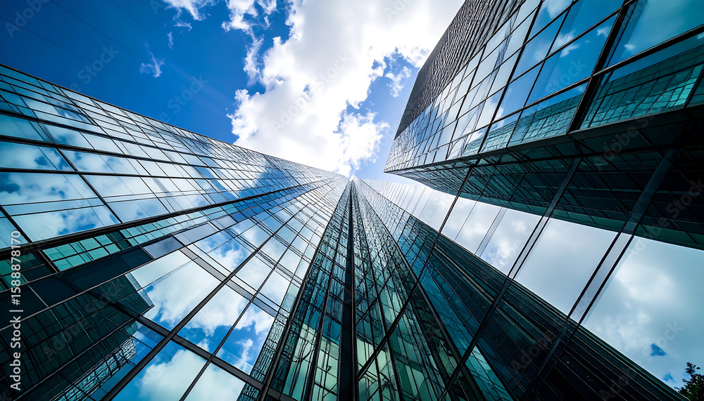 Obraz premium A low-angle, worm's-eye view of multiple contemporary glass skyscrapers towering