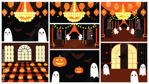 A collage of halloween scenes featuring ghosts, pumpkins, bats, chandeliers, and spooky decorations inside rooms