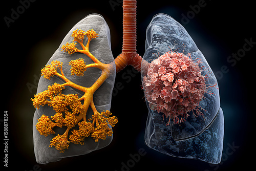 Pulmonary system with lung cancer illustration depicting tumor growth and healthy alveoli in a human respiratory system.