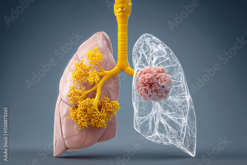 Human lungs illustrate healthy alveoli and a lung tumor in detail for educational medical purposes.