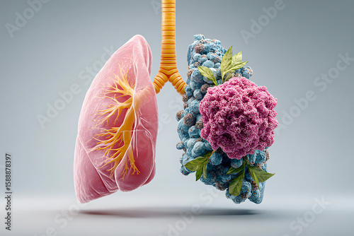 Human lungs with cancer, illustrating respiratory illness and pulmonary disease in a medical concept against a gray backdrop.