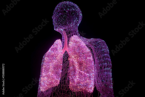 Luminous human figure showcases lungs, throat, and body in pink and purple against dark background.