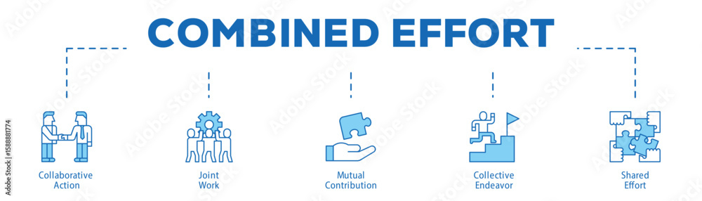 Combined Effort infographic icon bluetone flow process which consists of Collaborative Action, Joint Work, Mutual Contribution, Collective Endeavor, Shared Effort. Combined Effort infographic icon bluetone flow process which consists of Collaborative Action, Joint Work, Mutual Contribution, Collective Endeavor, Shared Effort.