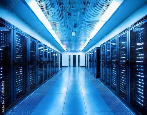 modern data center interior with blue rack servers and bright lighting