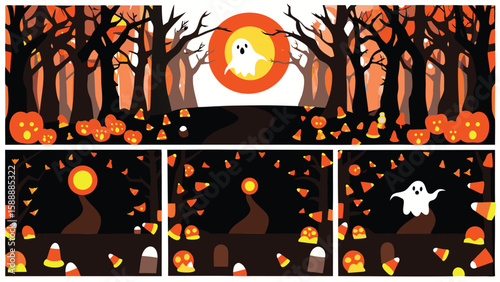 Halloween scene featuring a ghost in front of a full moon and pumpkins and candy corn in a forest scene