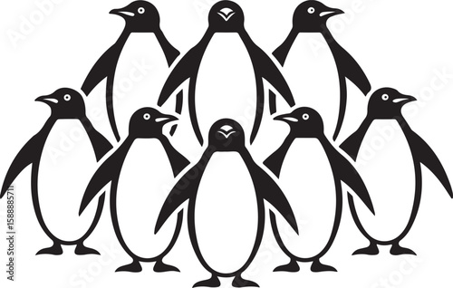 A group of simple and abstract penguins in a black and white vector illustration