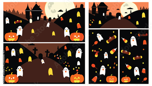 Halloween themed collage with pumpkins ghosts and candy corn in a spooky graveyard setting under moonlight