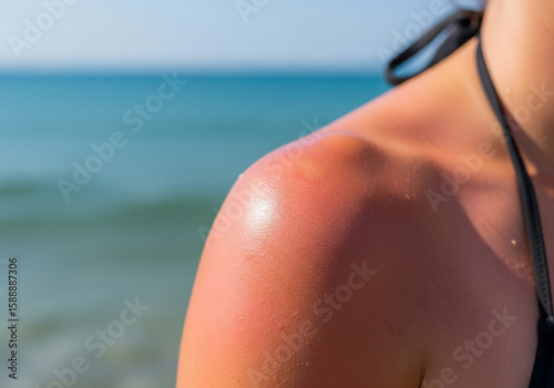 Close-up of a sunburned shoulder with peeling skin against a blurred beach background, symbolizing sun damage, skin health issues, and inadequate sun protection