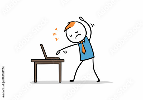 Exhausted Businessman Stretching at Desk Suffering from Burnout Working Late