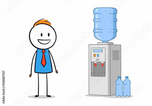 Stick figure businessman getting water from a cooler with bottles